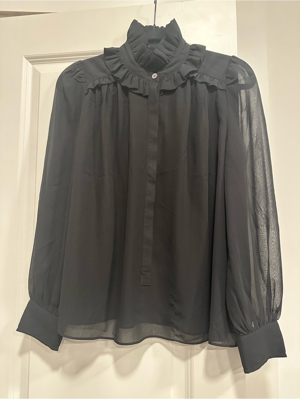 Tuckernuck Black Ruffle Mock Neck Sheer Sleeve Blouse Size Small